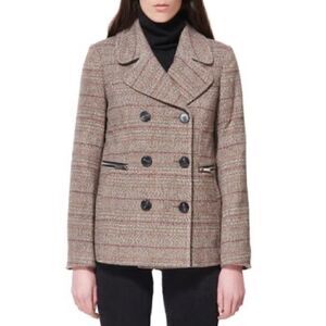 Maralyn Me Juniors Notched-Collar Double-Breasted Peacoat Brown Red Plaid XL